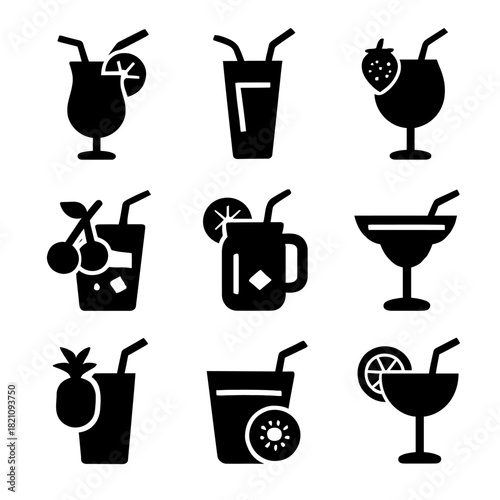 Collection of black and white beverage icons with fruit garnishes