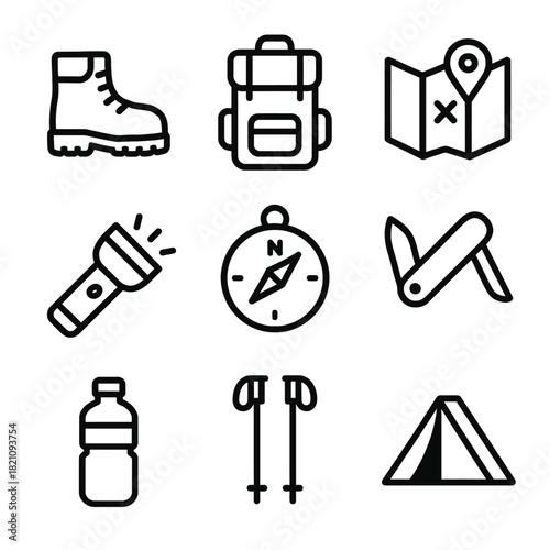 Essential camping equipment icons: boots, backpack, map, flashlight, compass, knife, water bottle, poles, tent
