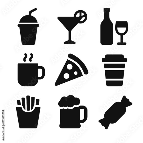 Set of nine food and drink icons including pizza, coffee, and wine glasses