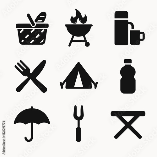 Silhouette icons of camping and picnic essentials