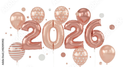 Shimmering rose gold and peach-toned balloons beautifully arranged to represent the year 2026, creating a festive atmosphere for new beginnings and future milestones