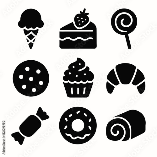 Collection of sweet treat icons including cake, doughnut, and ice cream