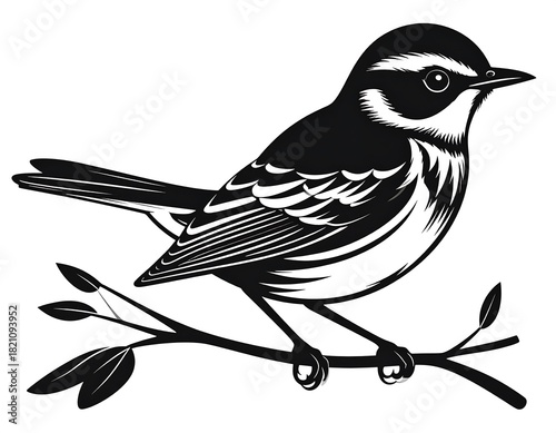 A striking monochrome illustration of a bird perched on a branch, showcasing elegant linework and crisp contrast