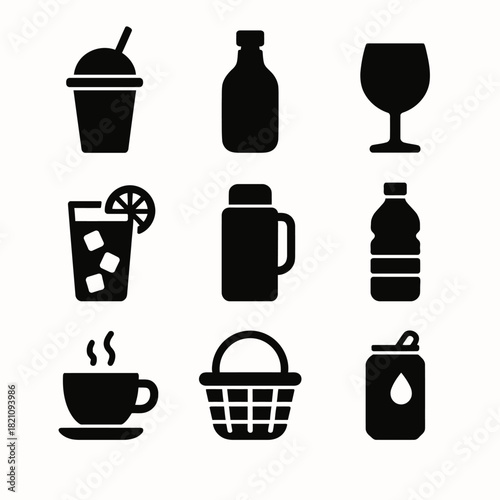 Wallpaper Mural Set of beverage icons: coffee, bottle, juice, soda, wine, basket Torontodigital.ca