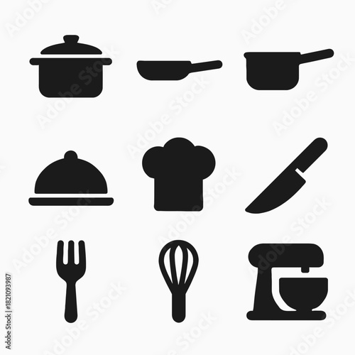 Black kitchen utensil icons: cooking pot, cutting knife, whisk, mixer, fork, chef hat