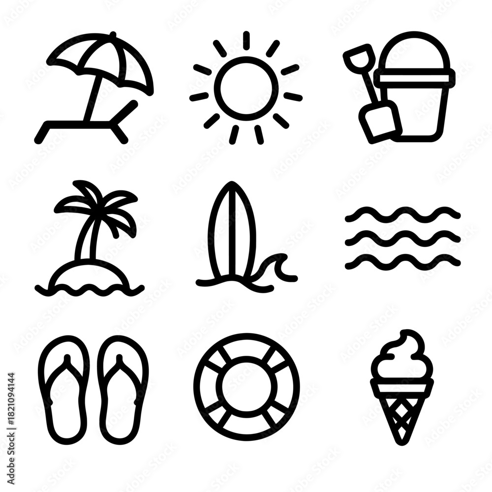 Fototapeta premium Summer icons: beach chair sun bucket island surf waves flip-flops lifebuoy ice cream