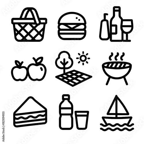 Picnic icons: basket, burger, drinks, apples, tree, sun, grill, cake, bottle, sailboat