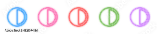 Neon brightness control vector icons, Glowing contrast adjust symbol, Luminous dark mode marker and Shiny half circle interface button