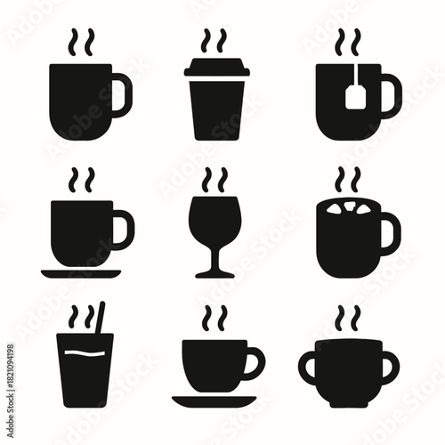 Vector icons of various coffee mugs cups and glasses in black silhouette