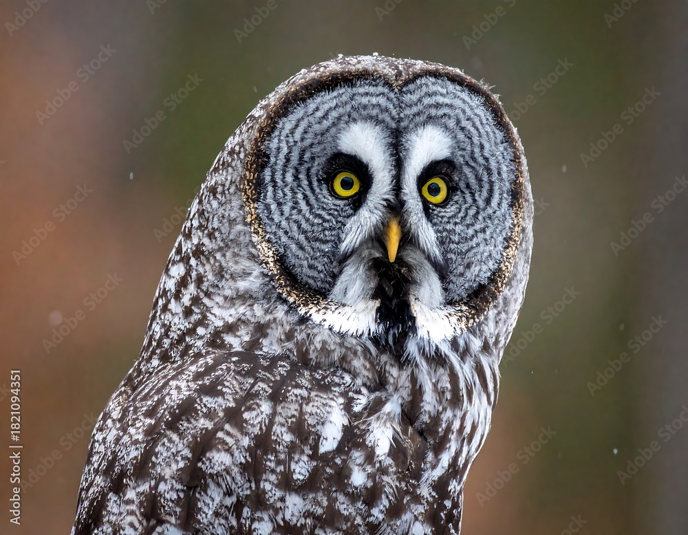 Obraz premium A striking great gray owl stares intently with bright yellow eyes in a blurred forest scene