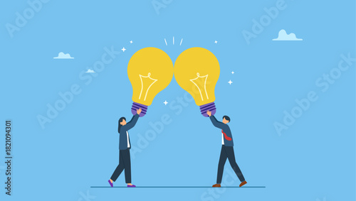 Businessman and businesswoman join or combine lightbulb idea for best result. Combine idea, synergy or collaborate to get solution, brainstorm, teamwork or think together to develop great idea.