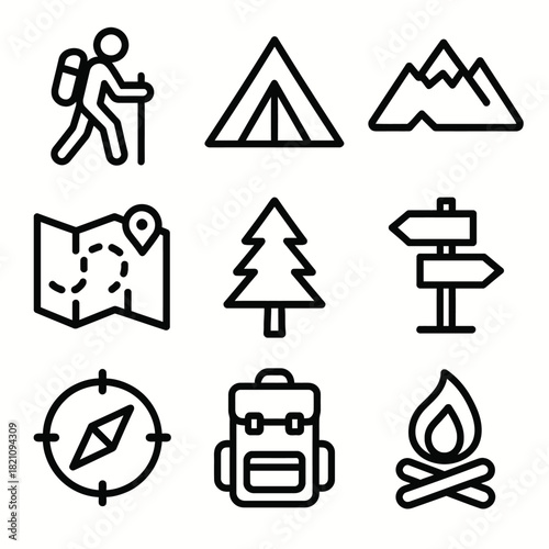 Set of camping and hiking icons featuring tent, mountain, backpack, and campfire