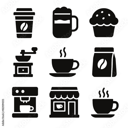 Coffee icons collection: cups, grinder, mug, café, package, muffin