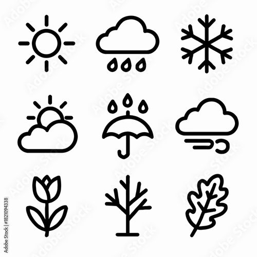 Minimalist weather icons: sun, rain, snow, cloud, umbrella, wind, nature elements