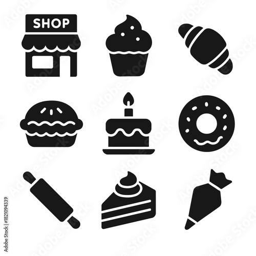 Bakery icons: cupcake, croissant, pie, cake, donut, rolling pin, slice, piping
