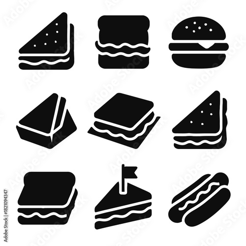 Set of black sandwich and snack icons featuring sandwiches and burgers