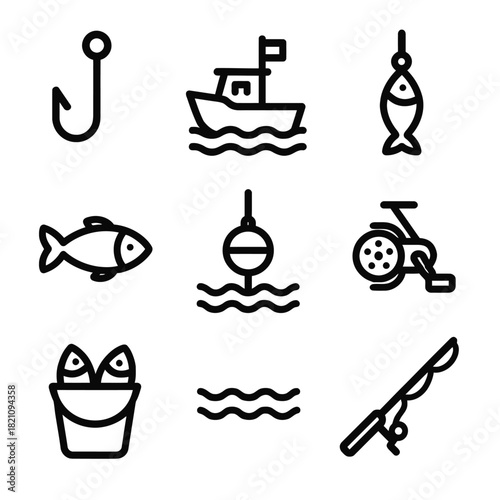 Fishing icons set: hook, boat, fish, bobber, reel, rod