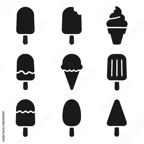 Set of nine black ice cream icons in various shapes and styles