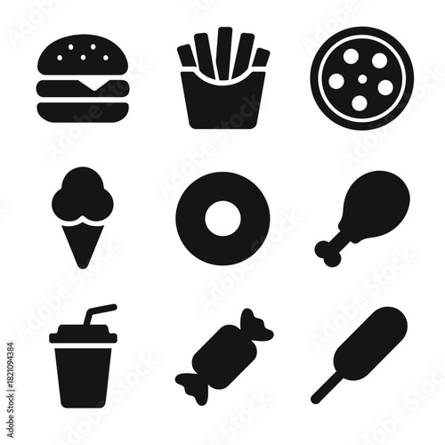 Set of black fast food icons including burger, fries, pizza, ice cream, donut, chicken, drink, candy, corn dog