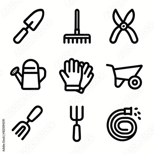 Line art of essential gardening tools: glove, shovel, hose, and more