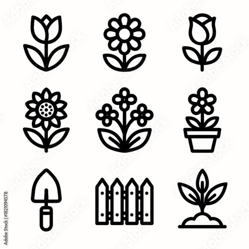 Collection of gardening icon designs featuring flowers and tools
