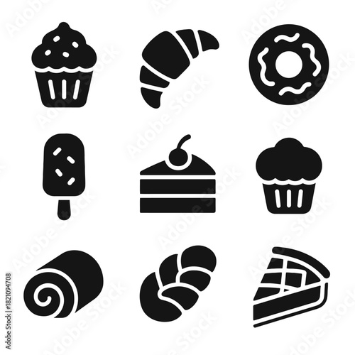 Black silhouette icons of pastry and dessert food items including cake and donut