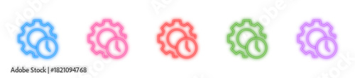 Neon configuration time vector icons, Glowing scheduling symbol, Bright productivity marker and Shiny process timing sign