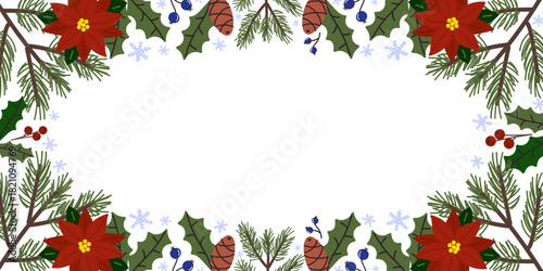 Holiday decorations with vibrant poinsettias and evergreen branches create a festive border