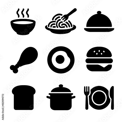 Set of nine food icons including noodles, chicken, and burger
