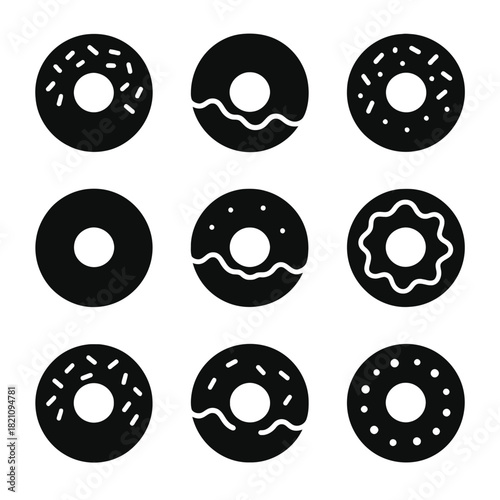 Set of nine black donut icons with various designs and patterns