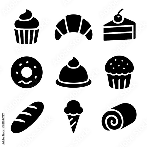 Silhouette icons of bakery items: cupcake, croissant, pastry, donut, pie, muffin, bread, ice cream, swiss roll