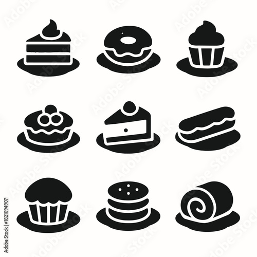 Black and white icons of nine assorted desserts and pastries