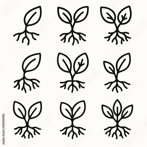 Collection of minimalist plant leaf and root icons in repetitive pattern