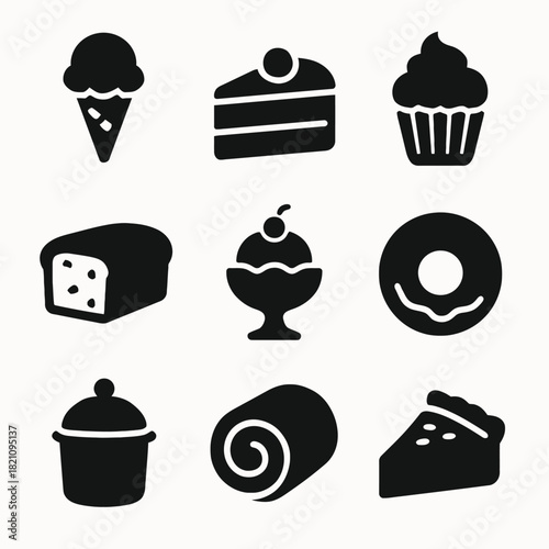 Assorted dessert icons: ice cream, cake, donut, cupcake, pie, swiss roll