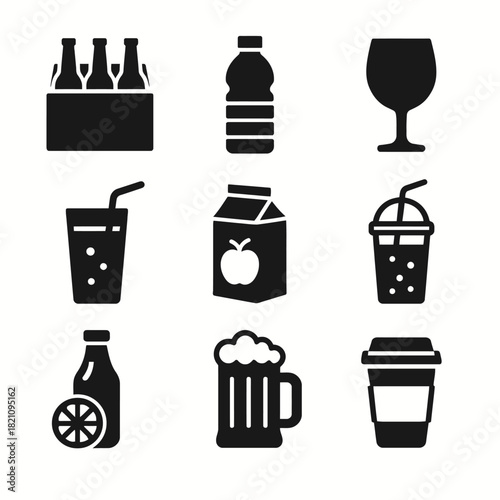 Set of beverage icons: bottles, cups, and glasses in black silhouette