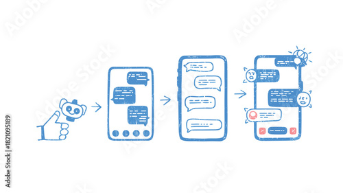 Evolution of a flat design messaging application interface with diverse communication icons and elements