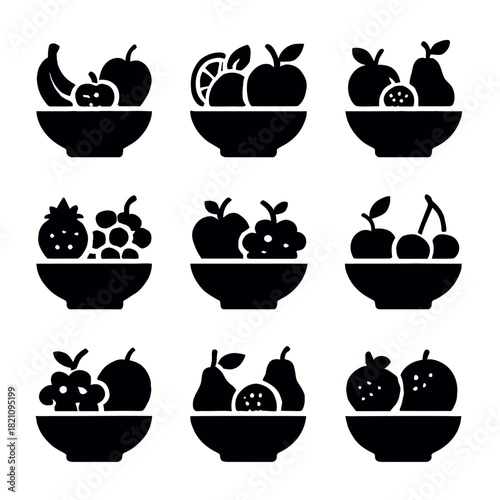 Silhouette icons of fruit bowls featuring apples, bananas, and grapes in nine variations
