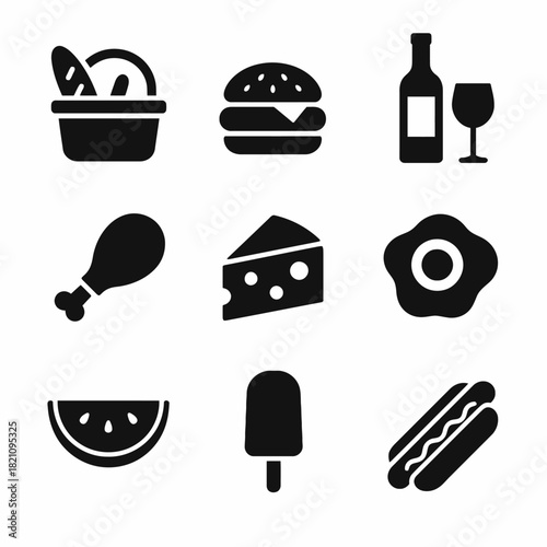 Set of nine food icons: bread, burger, wine, chicken, cheese, egg, watermelon, ice cream, hot dog