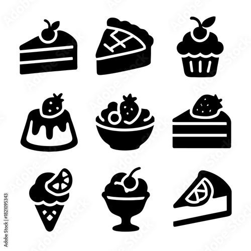 Black and white icons of various desserts with cakes and fruits