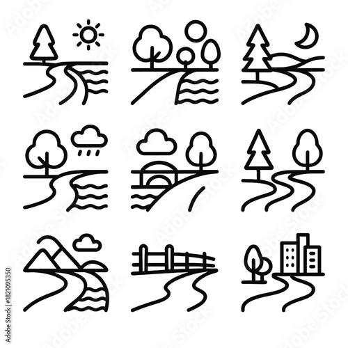 Simple icon set of scenic landscapes with trees, mountains, rivers, and city elements