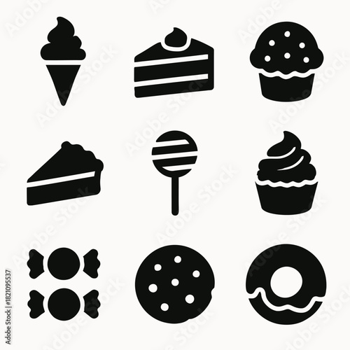 Black icon set of various desserts and sweets including cakes, ice cream, lollipop, and donut