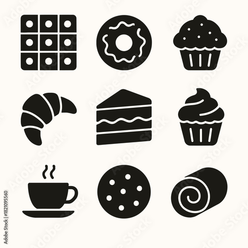 Assorted bakery icons: cake, coffee, donut, croissant, muffin, cookie