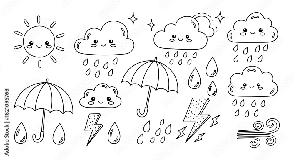 Obraz premium Cute weather icons featuring sun clouds rain umbrellas and lightning in black and white