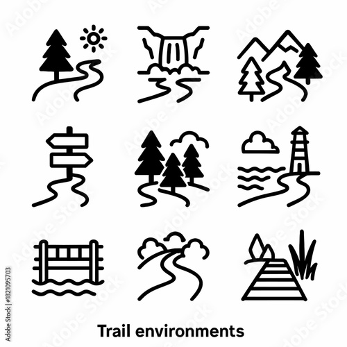 Nature trail icons: forest, waterfall, mountain, ocean, and more environments