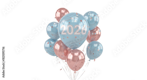 2020 Celebration Balloons A Festive Bunch of Rose Gold and Pastel Blue Balloons, Isolated