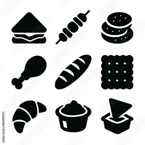 Silhouette icons of sandwich, skewer, cookies, drumstick, bread, cracker, croissant, cupcake, and nachos