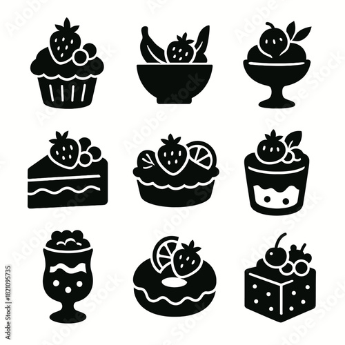 Black silhouette icons of various fruit-enhanced desserts