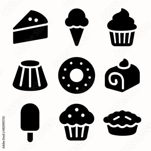 Assorted dessert icons: cake, ice cream, donut, cupcake, pie, muffin, pudding