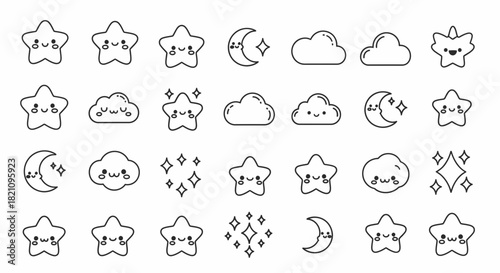 Cute kawaii stars moons and clouds vector illustration for children's designs