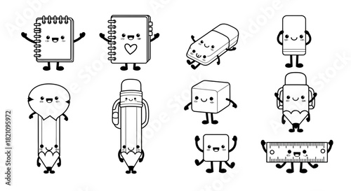 Cute school supplies characters notebook eraser pencil and ruler in black and white